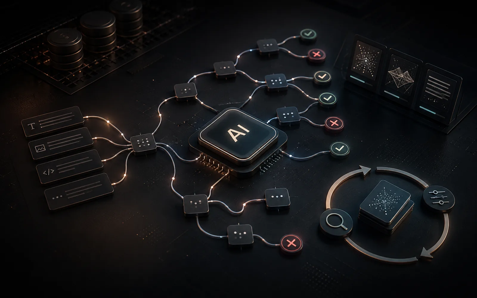 An AI workflow connecting inputs, evaluation paths and verified results