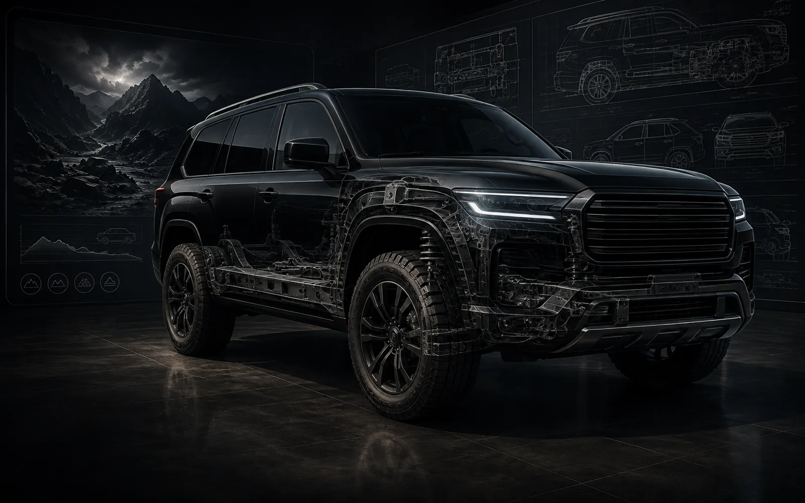 A dark SUV shown alongside mechanical engineering drawings