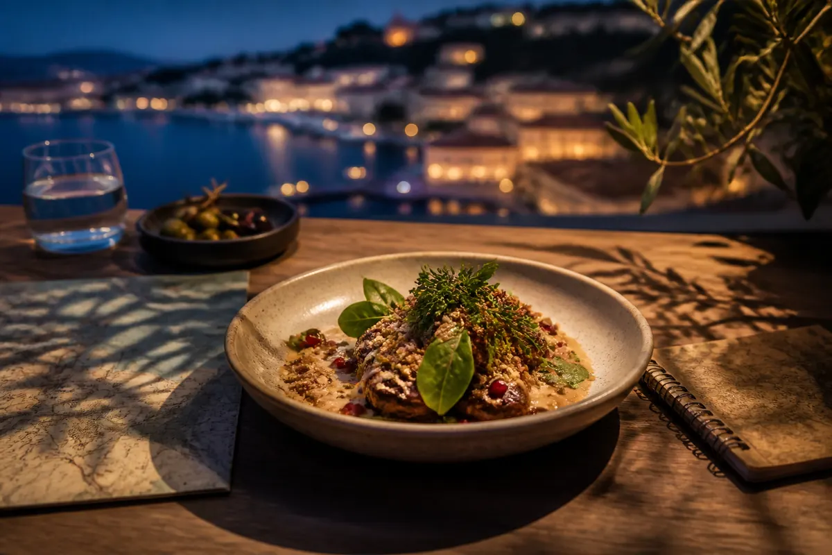 A plated dish overlooking an atmospheric coastal city