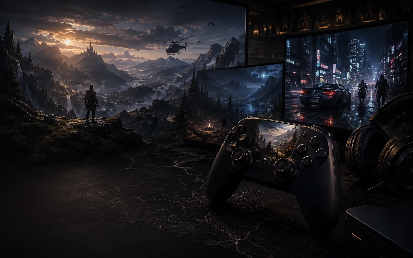 A gaming setup showing expansive fantasy and city environments