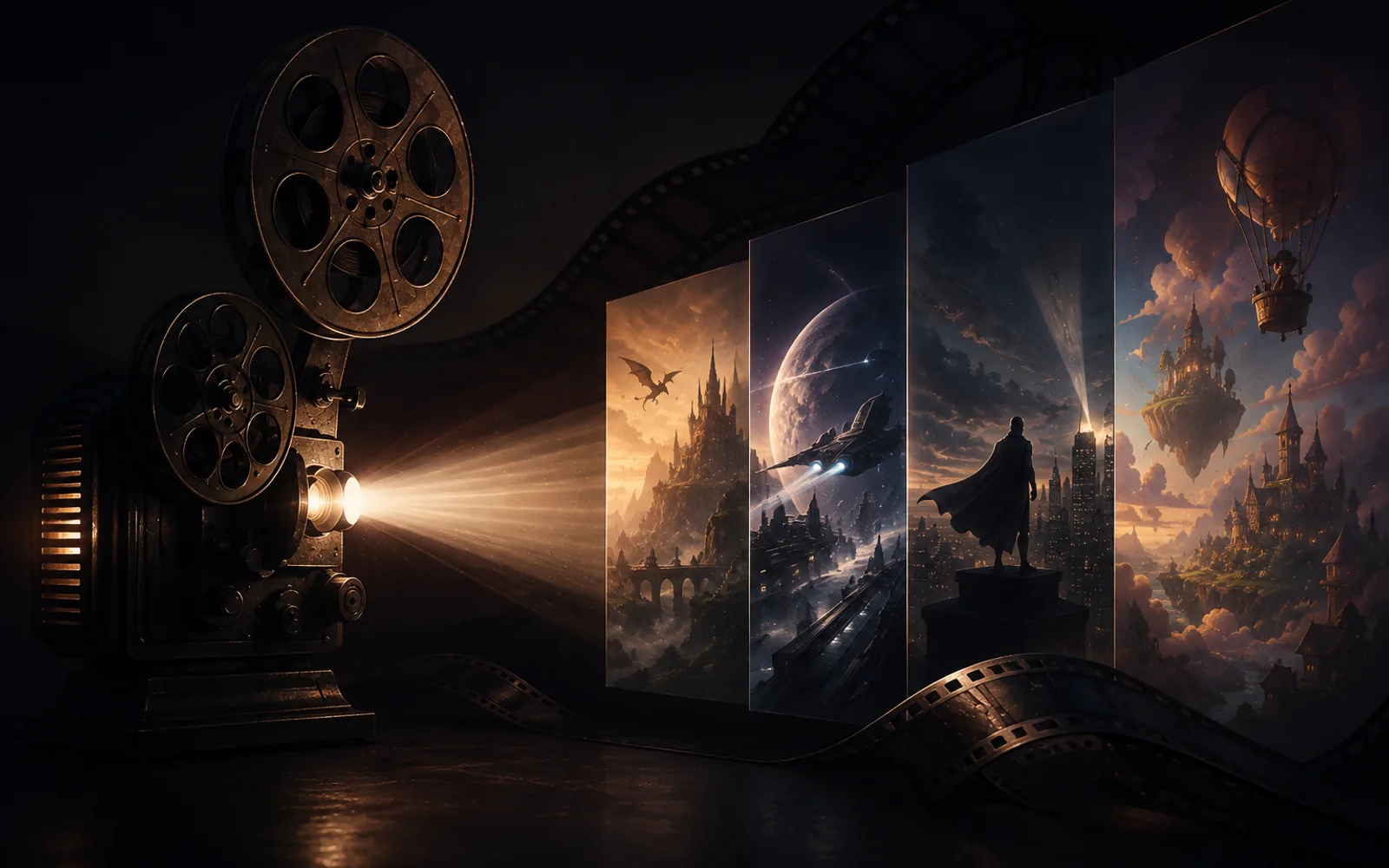 A film projector illuminating a sequence of cinematic worlds