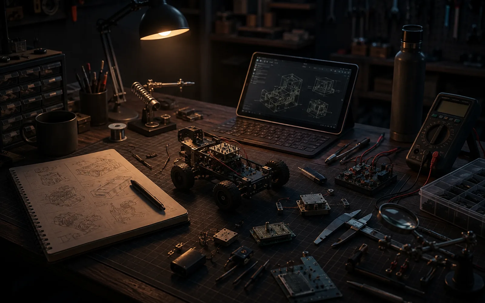 A maker workbench with an electronics prototype and engineering tools