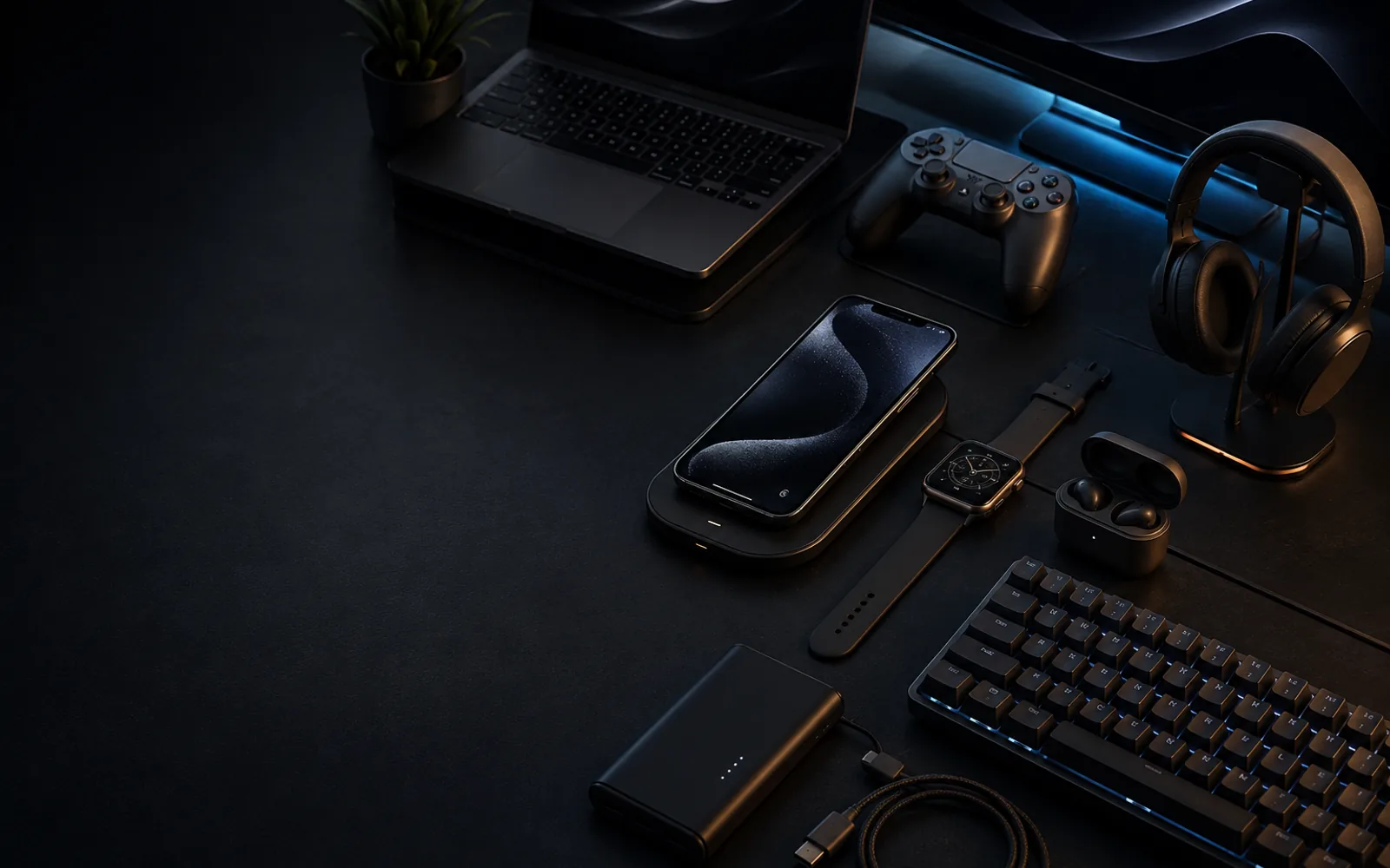 A dark desktop arrangement of personal technology and gadgets