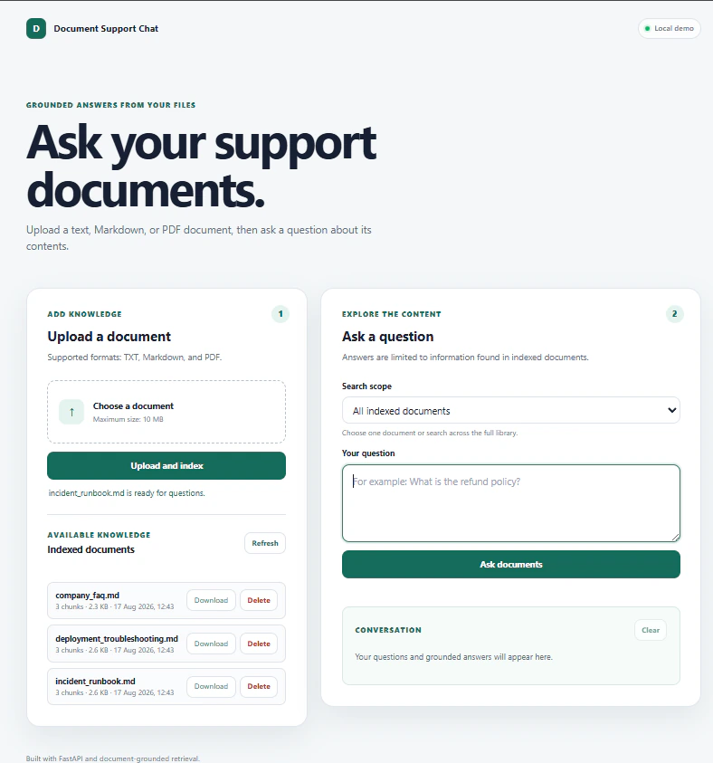 Document Support RAG interface with document upload, indexed files and a grounded question panel.