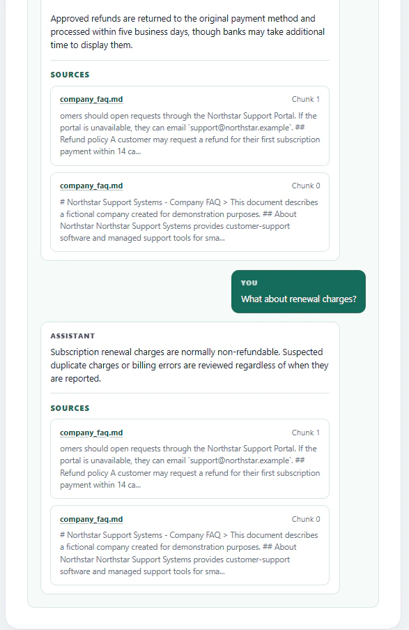 Follow-up support question answered with conversation context and source references.
