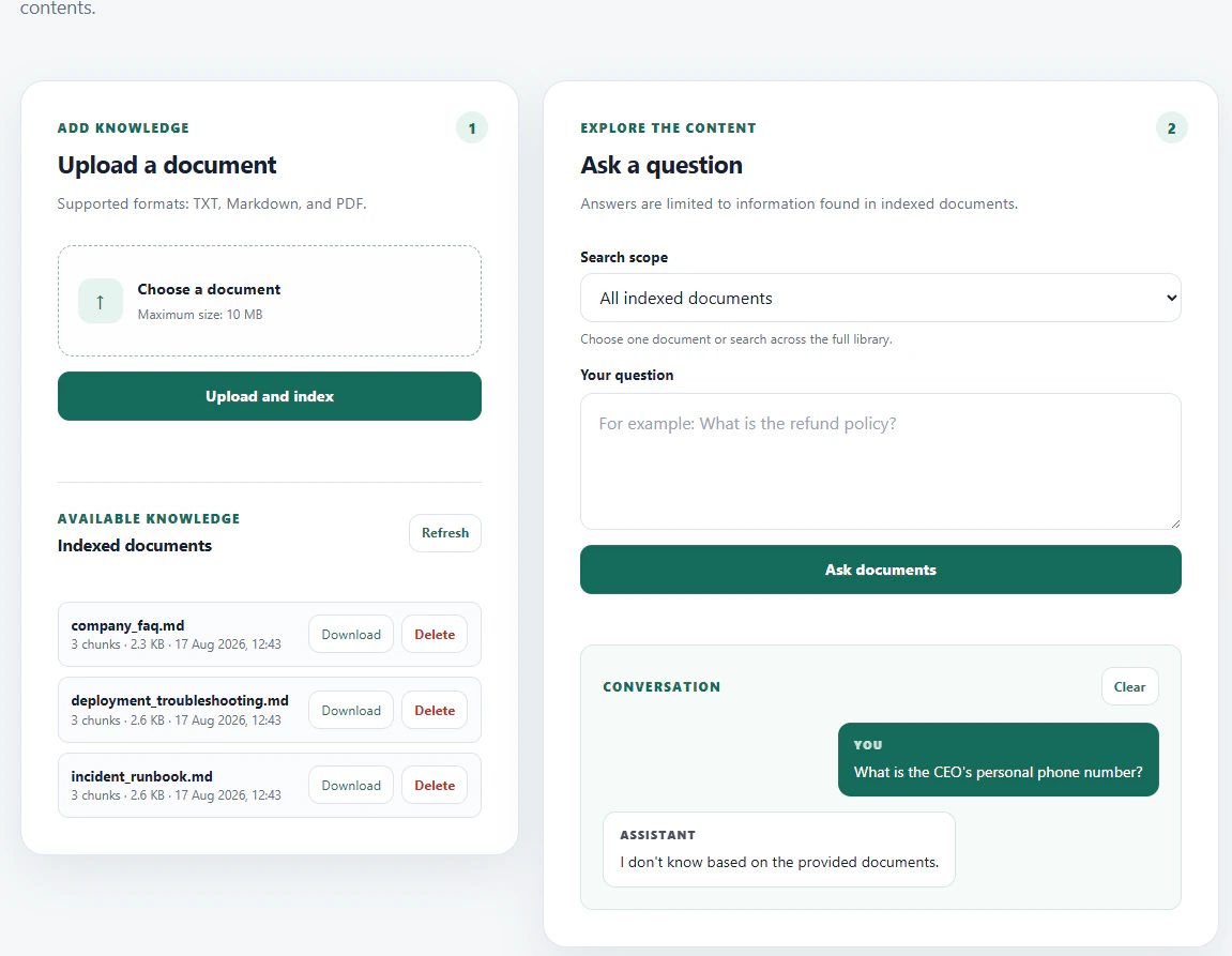 Document Support RAG interface declining to answer a question unsupported by indexed documents.