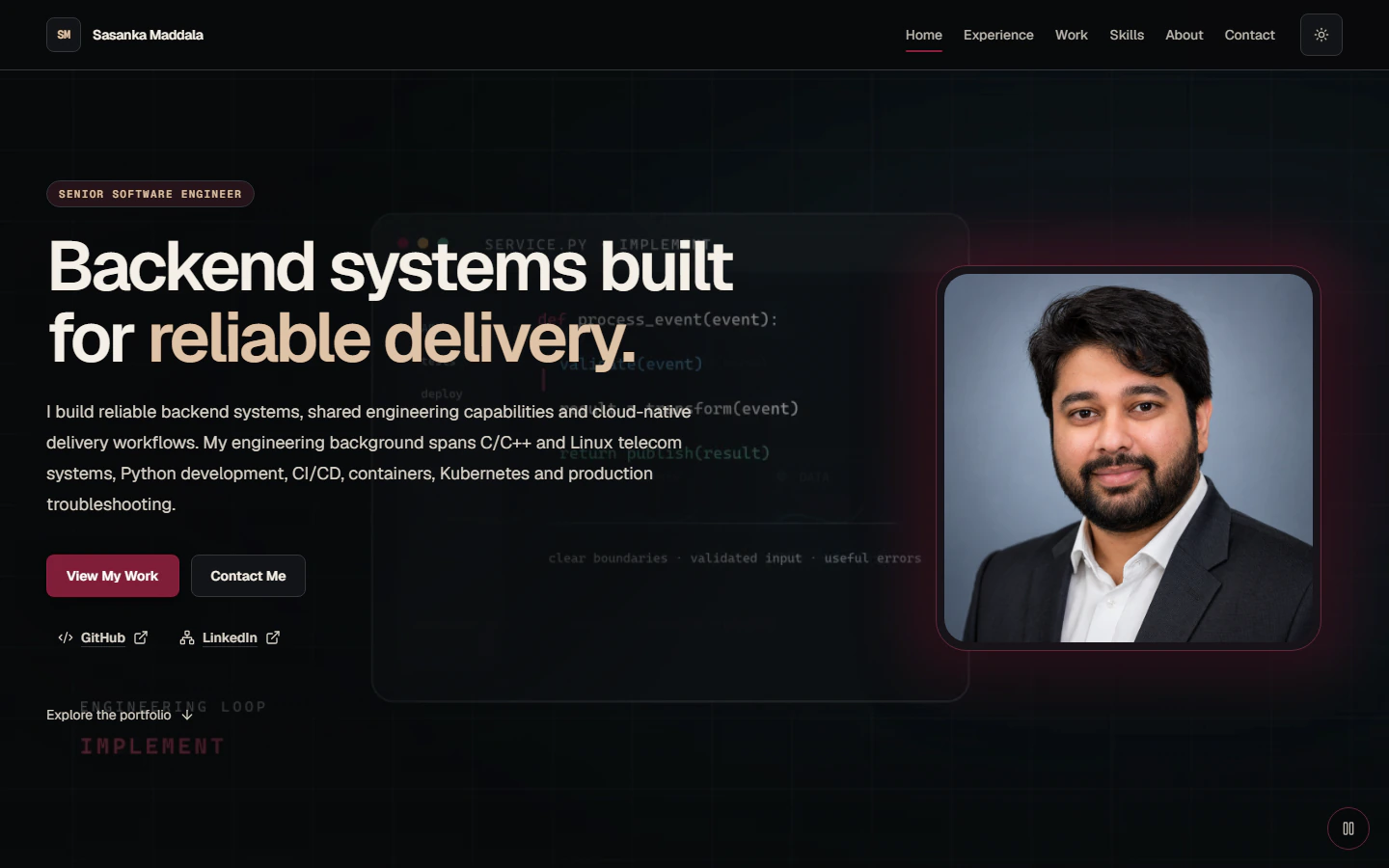 Sasanka Maddala portfolio homepage in the dark theme.