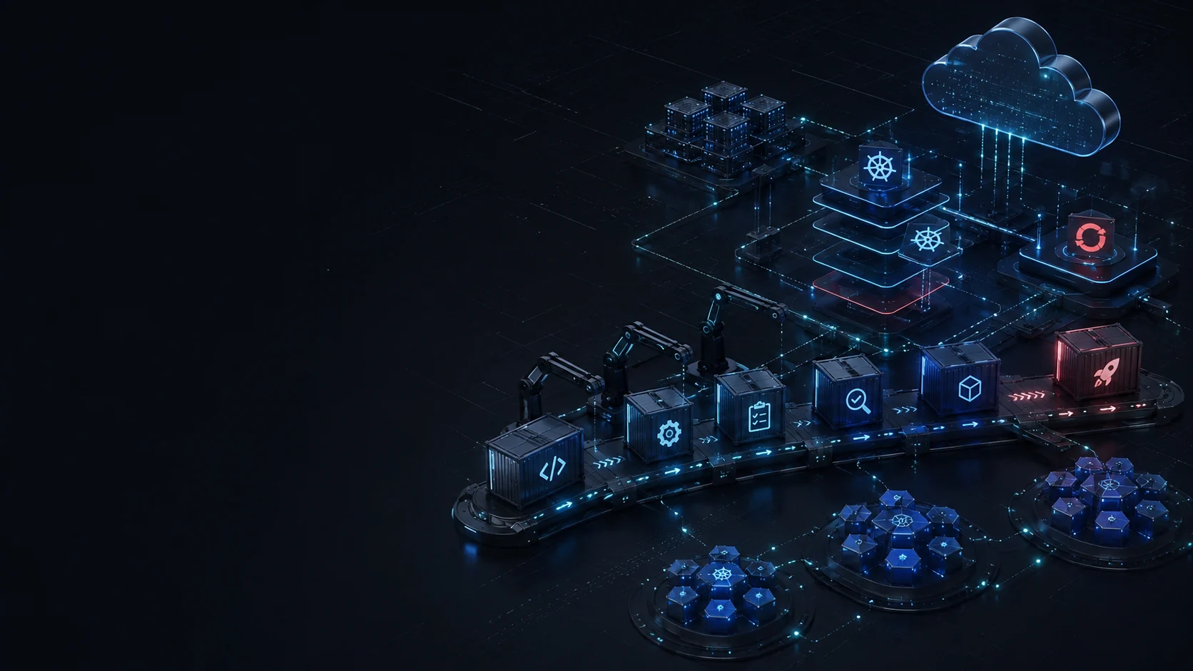 Abstract delivery pipeline moving container modules toward cloud infrastructure